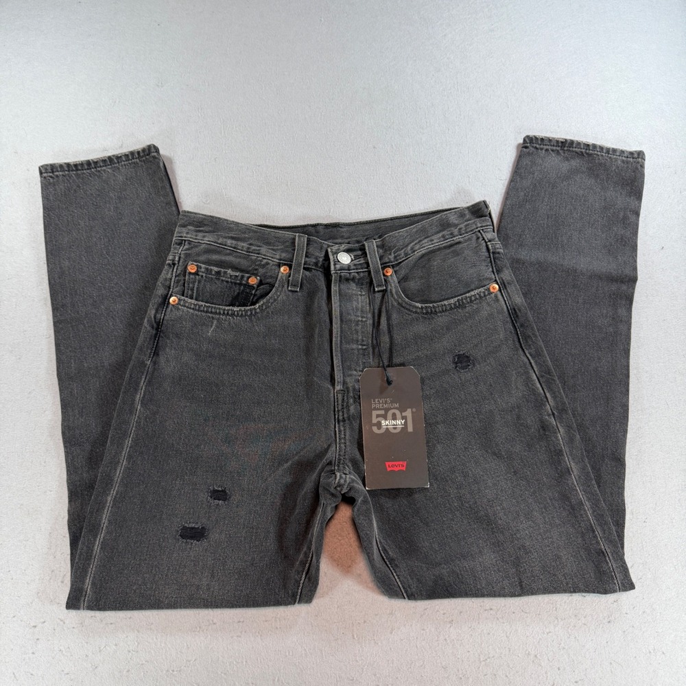 Levi's Premium 501 Skinny High Rise Jeans Black 27x28 Distressed Button Fly